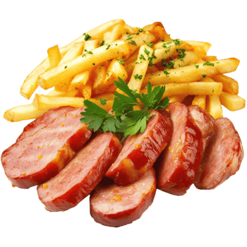 Delicious Sausage Fries Meal on transparent background. png