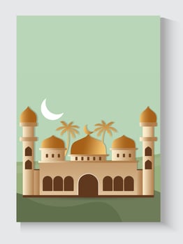 islamic background with mosque palm trees and moon on top for ramadan or eid cover vector
