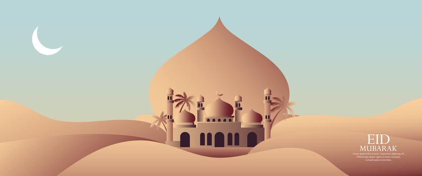 eid mubarak background with mosque and crescent moon vector