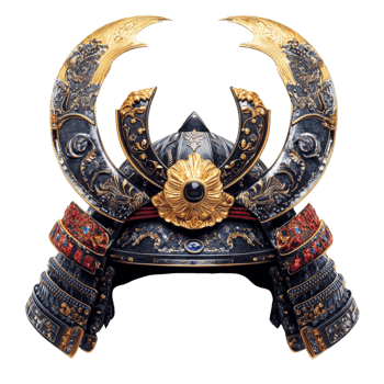 Ornate Samurai Helmet Gold Accents on transparent background. png