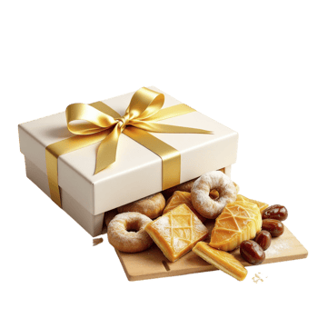A box with various pastries and a golden ribbon png
