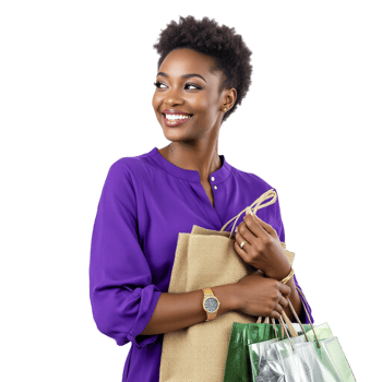 A smiling black woman holding shopping bags png