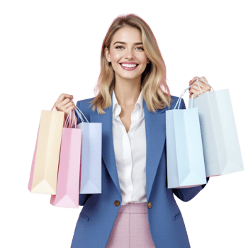 A woman in a suit holding shopping bags png
