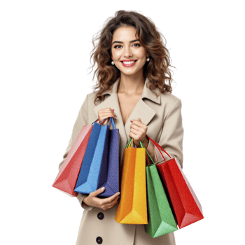 Woman in trench coat holding shopping bags png