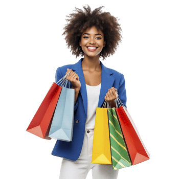 A woman in a blue suit holding shopping bags png