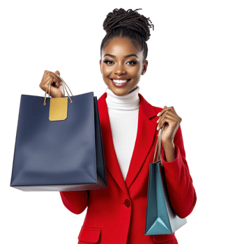A beautiful african american woman in a red suit holding two shopping bags png