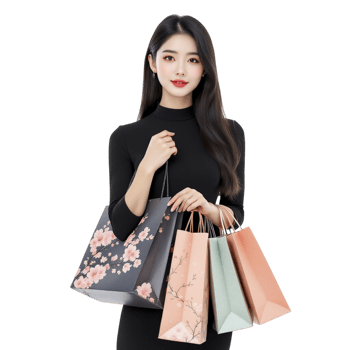 Asian woman holding shopping bags png