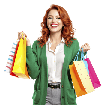 A woman with shopping bags and a smile png