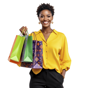 A smiling black woman holding shopping bags png