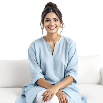 A woman sitting on a couch wearing a blue shirt png