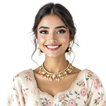 A smiling woman wearing a floral dress and jewelry png