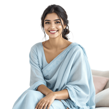 A woman in a blue sari sitting on a couch png