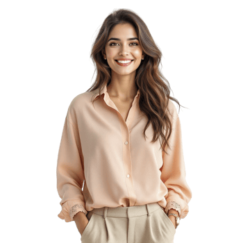 Woman in peach blouse and tan pants png