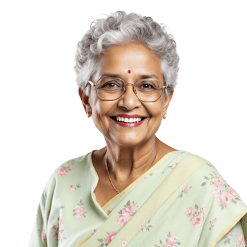 An older indian woman smiling and wearing glasses png