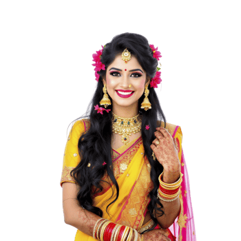 Beautiful indian bride in yellow sari png