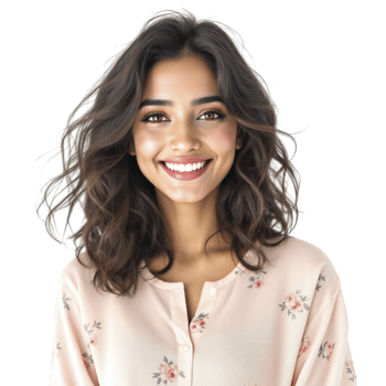 Smiling woman with long hair and pink shirt png
