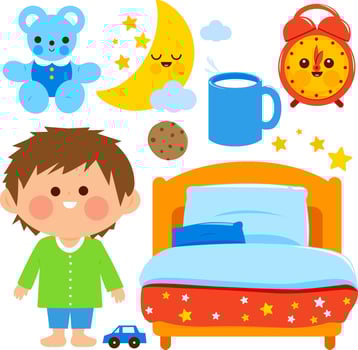 Cute boy getting ready for bed at night. Child in his pajamas getting ready to sleep. Bedtime collection of items, kids bedroom objects, bed, teddy bear, cup of milk. vector