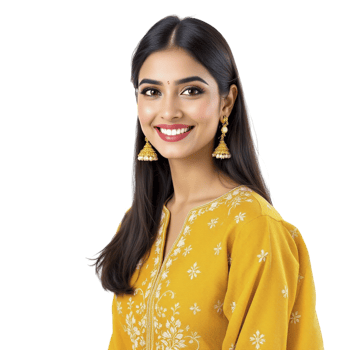 A woman in yellow kurta and gold earrings png