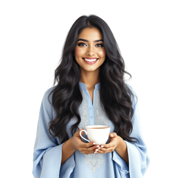 A beautiful woman in a blue dress holding a cup of coffee png