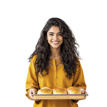 A woman holding a tray of bread png