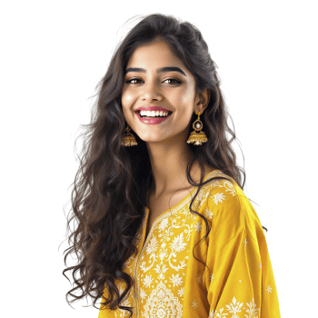 A young woman in yellow dress smiling png