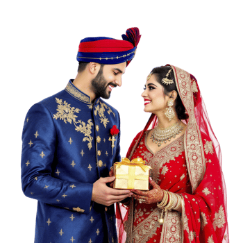 A man and woman in traditional indian attire holding a gift png