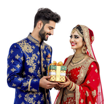 A man and woman in traditional indian attire are holding a gift png