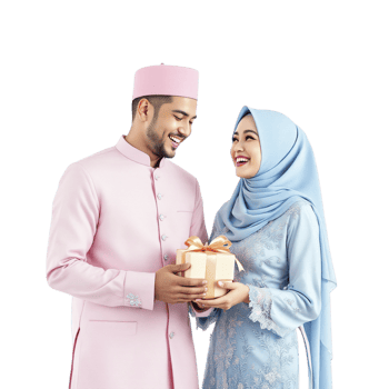 Happy muslim couple with gift box png