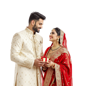 Indian couple in traditional attire holding a gift png