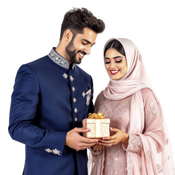 A muslim couple in traditional attire holding a gift box png