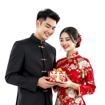 A young man and woman in traditional chinese clothing holding a gift png