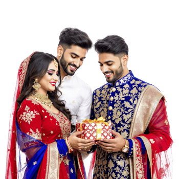 A couple in traditional indian attire holding a gift png