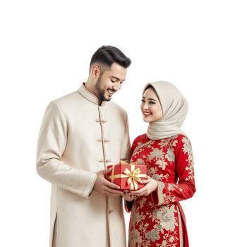 Muslim couple in traditional clothes holding a gift png