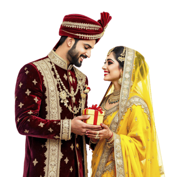 An indian couple in traditional attire holding a gift png