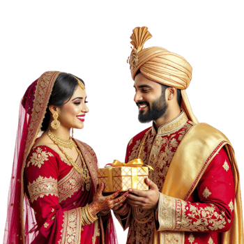 Indian couple in traditional attire holding a gift box png