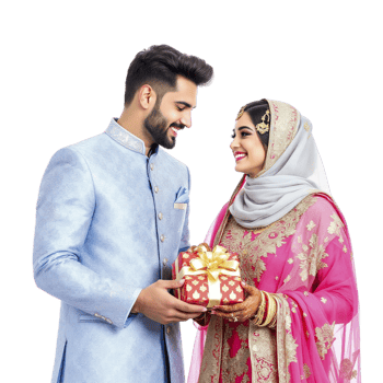 A man and a woman in traditional attire are holding a gift box png
