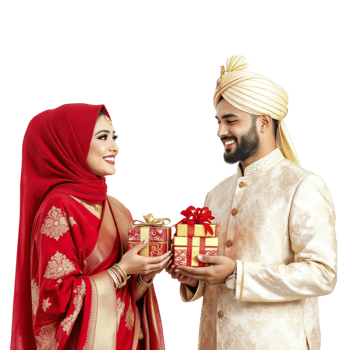 A man and woman dressed in traditional clothing are holding a gift png