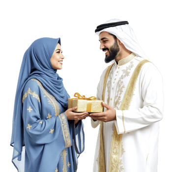 Arabic couple in traditional clothing holding a gift box png