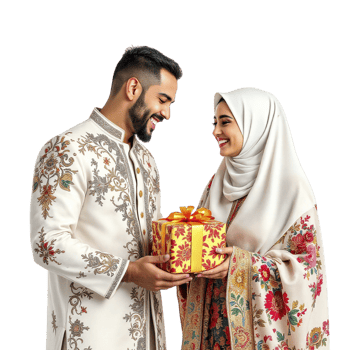 A muslim couple holding a gift box png