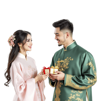A man and woman in traditional chinese clothing holding a gift png