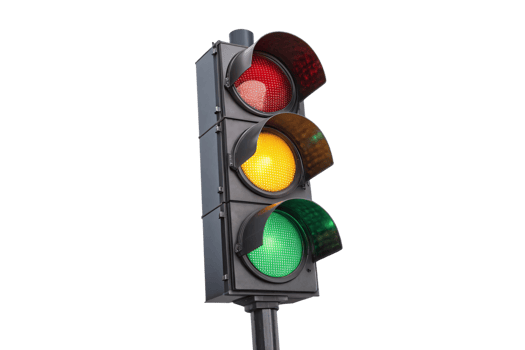 A sleek black traffic light displays a glowing yellow signal, surrounded by shades of red and green lights, ready to control urban flow png