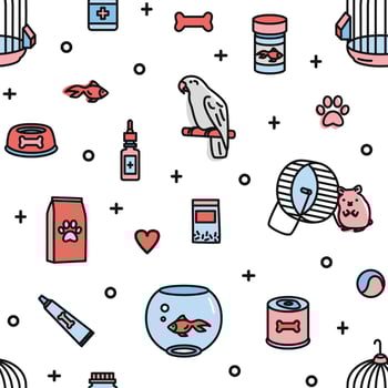 Seamless pattern with pet shop products and funny domestic animals on white background. Colorful illustration in modern linear style for fabric print, wrapping paper, wallpaper, backdrop vector