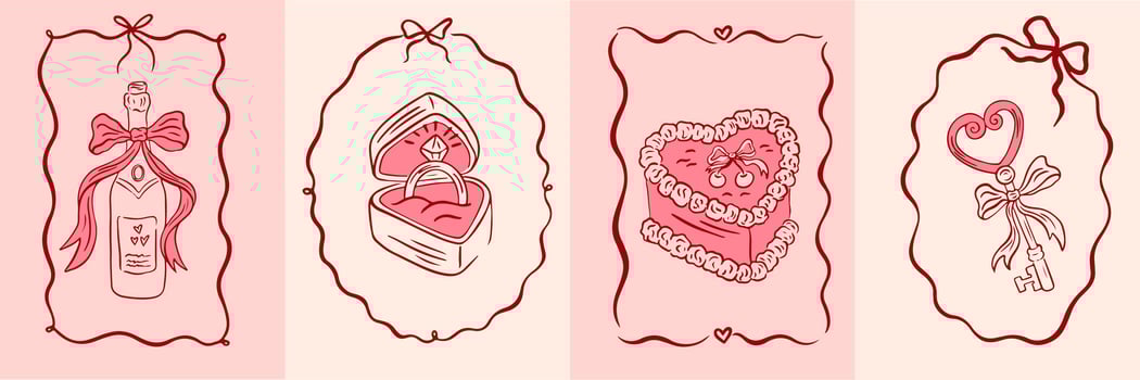 Vintage greeting cards for Valentine's Day in coquette style. Hand drawn whimsical frames with elegant bows and ribbons. Template for poster, banner, wedding invitation, birthday card. illustration. vector