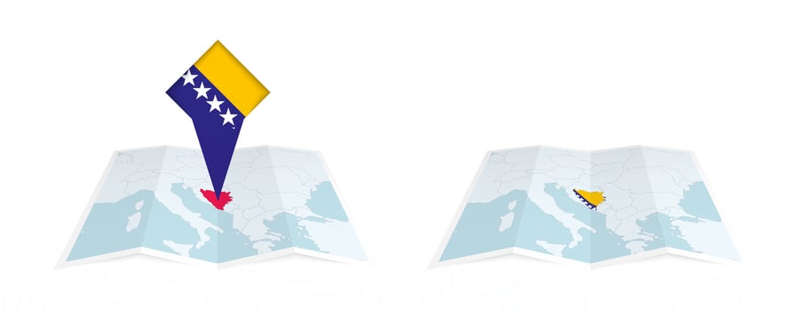 Two versions of an Bosnia and Herzegovina folded map, one with a pinned country flag and one with a flag in the map contour. Template for both print and online design. vector