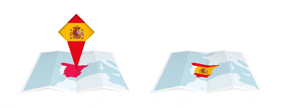 Two versions of an Spain folded map, one with a pinned country flag and one with a flag in the map contour. Template for both print and online design. vector