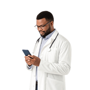 Doctor in white coat using smartphone, focused and professional png