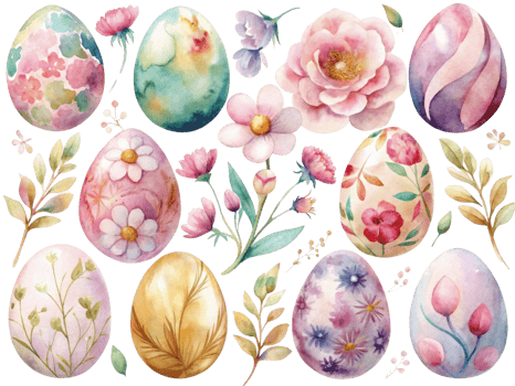 Beautiful watercolor Easter eggs with floral designs and pastel colors png