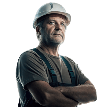 Construction worker with hard hat, serious expression, arms crossed, confident stance, industrial background png
