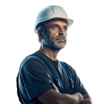 confident construction worker wearing hard hat and overalls, showcasing determination and professionalism png