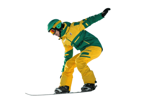 Snowboarder in vibrant yellow and green outfit performing trick on slope png